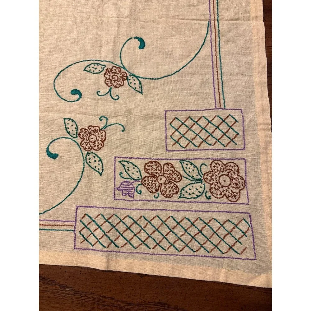 Vintage Embroidered Floral Linen Tablecloth Set 30